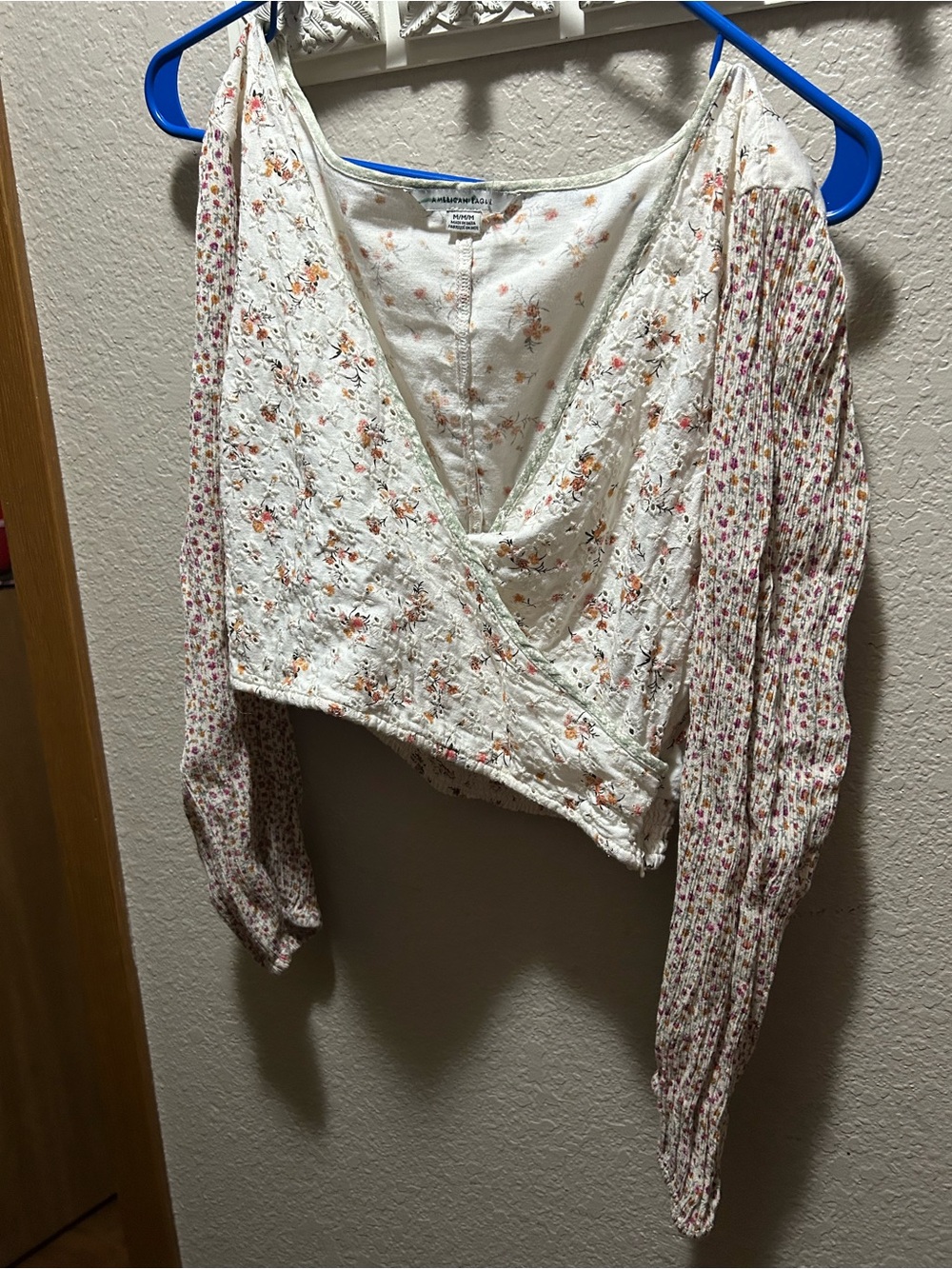 American Eagle Outfitters White Floral Wrap Crop Top with Pink Accents